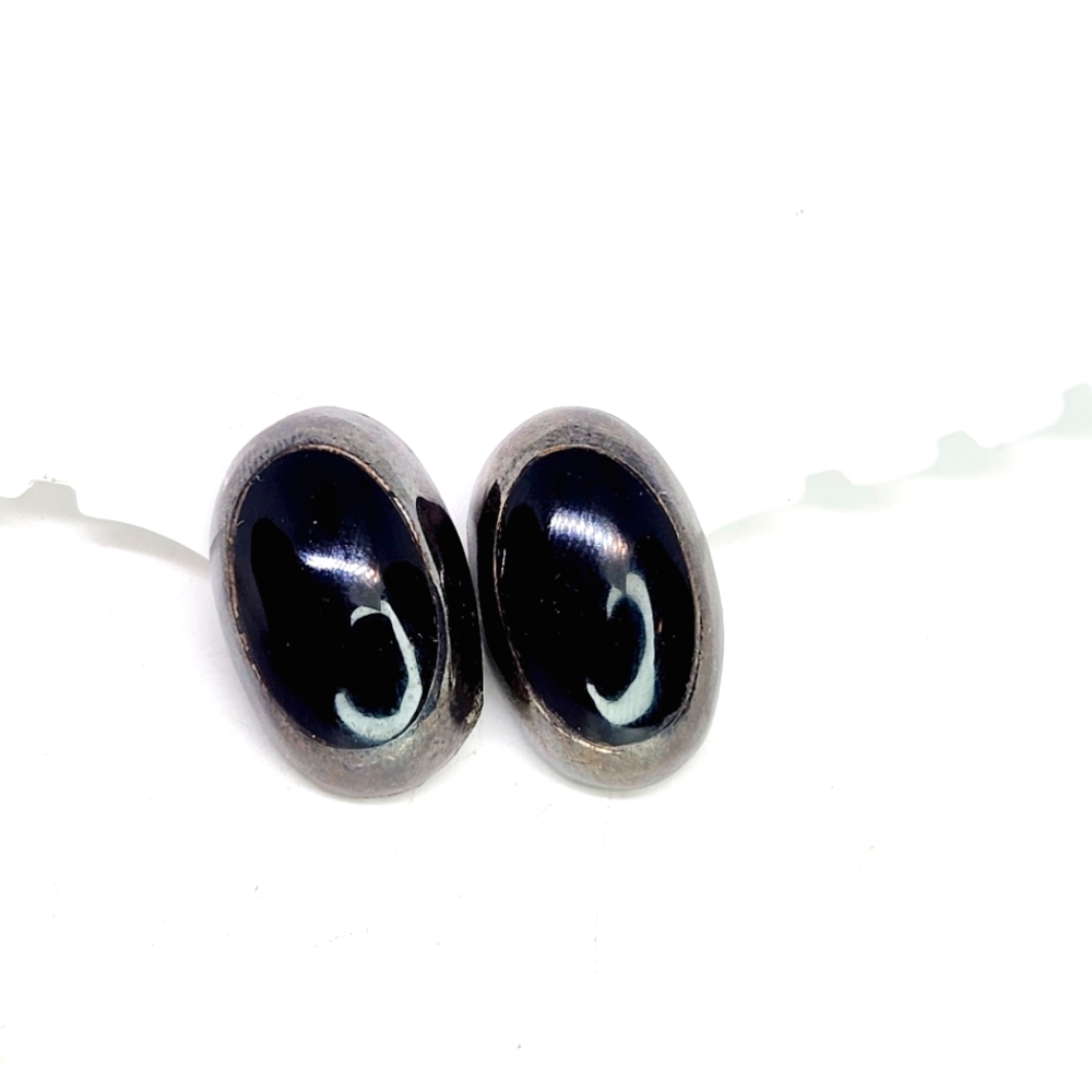 Oval Mexico Taxco Vintage Sterling Silver Inlaid Black Onyx Earrings Heavy Studs